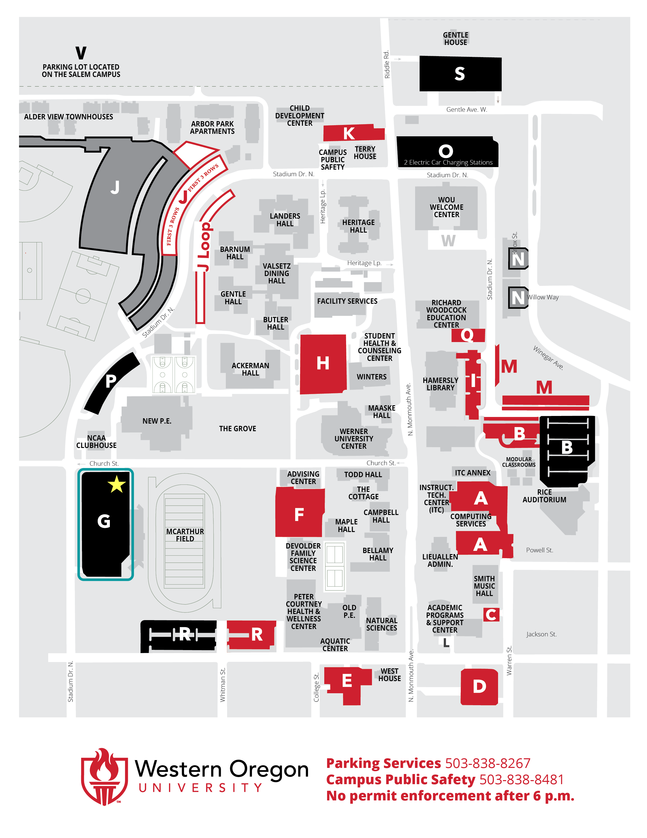 WOU Parking Map with Lot G Marked